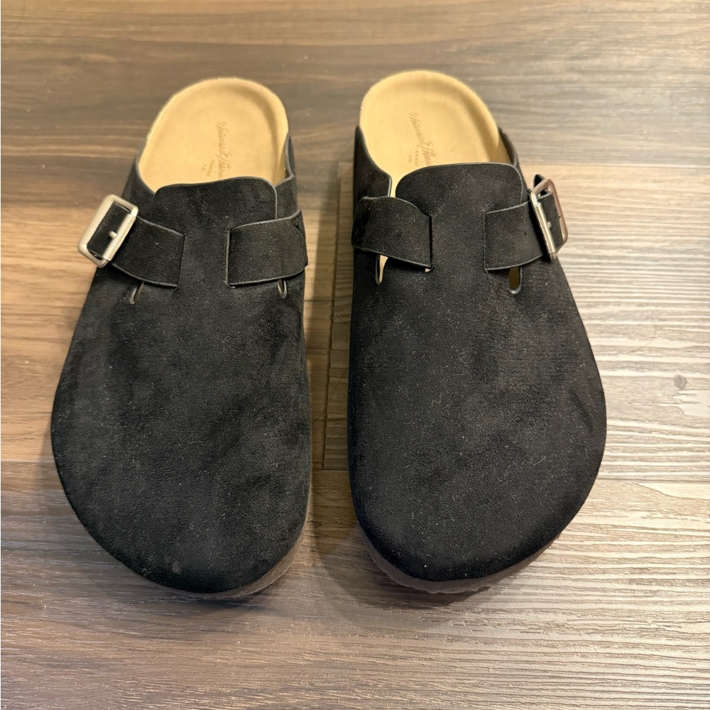 Black Suede Slip-On Clogs with Buckle